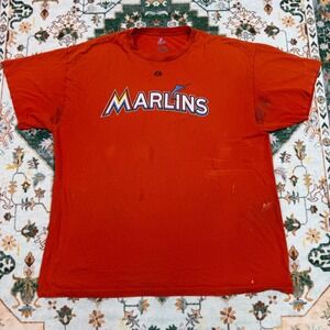 Vintage Majestic Miami Marlins Ramirez #2‎ MLB T Shirt Mens Orange XL Damaged